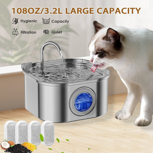 Fontaine à Eau en Acier Inoxydable pour Chats, 3,2L