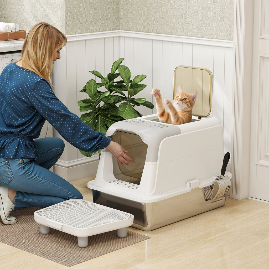 Extra Grand Acier Inoxydable Litière Bac, Enclosed Chat Litière Bac avec