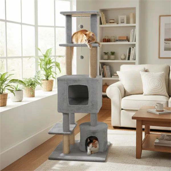 Tour à chat gris clair 164 cm : espace de jeu et repos idéal