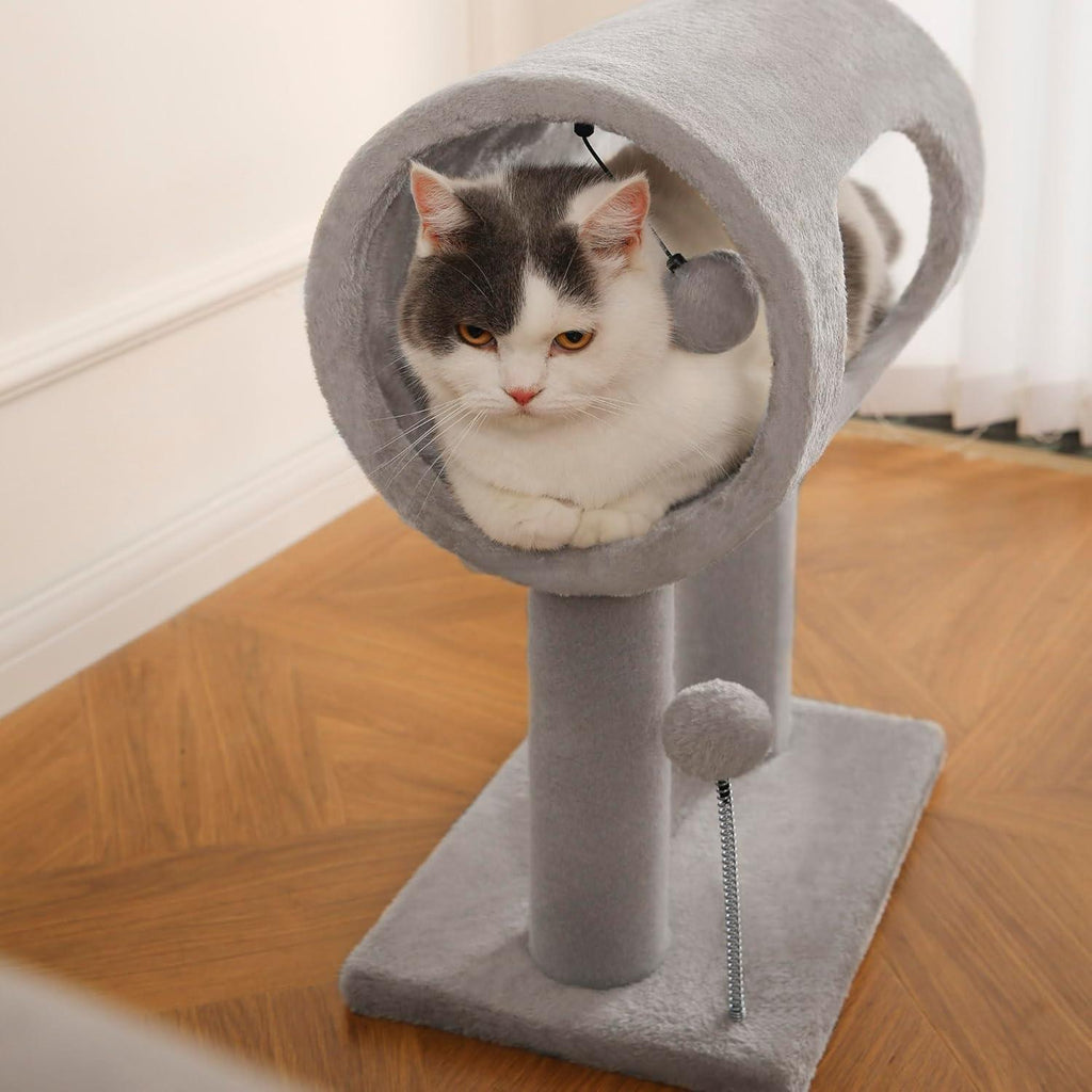 Arbre à chat intérieur gris avec tunnel et balle suspendue