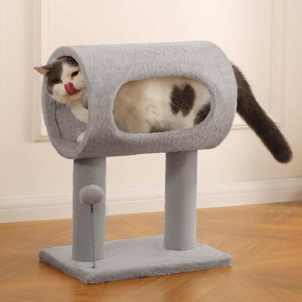 Arbre à chat intérieur gris avec tunnel et balle suspendue