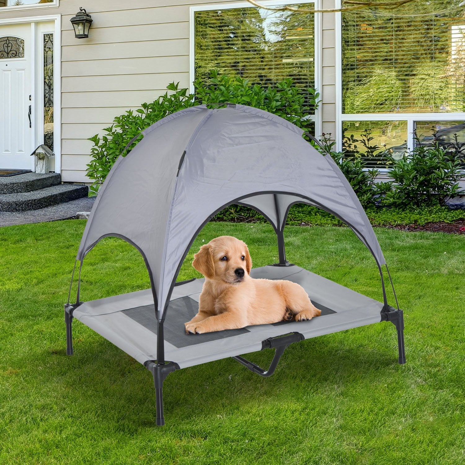 Lit surélevé pliable pour animaux avec auvent
