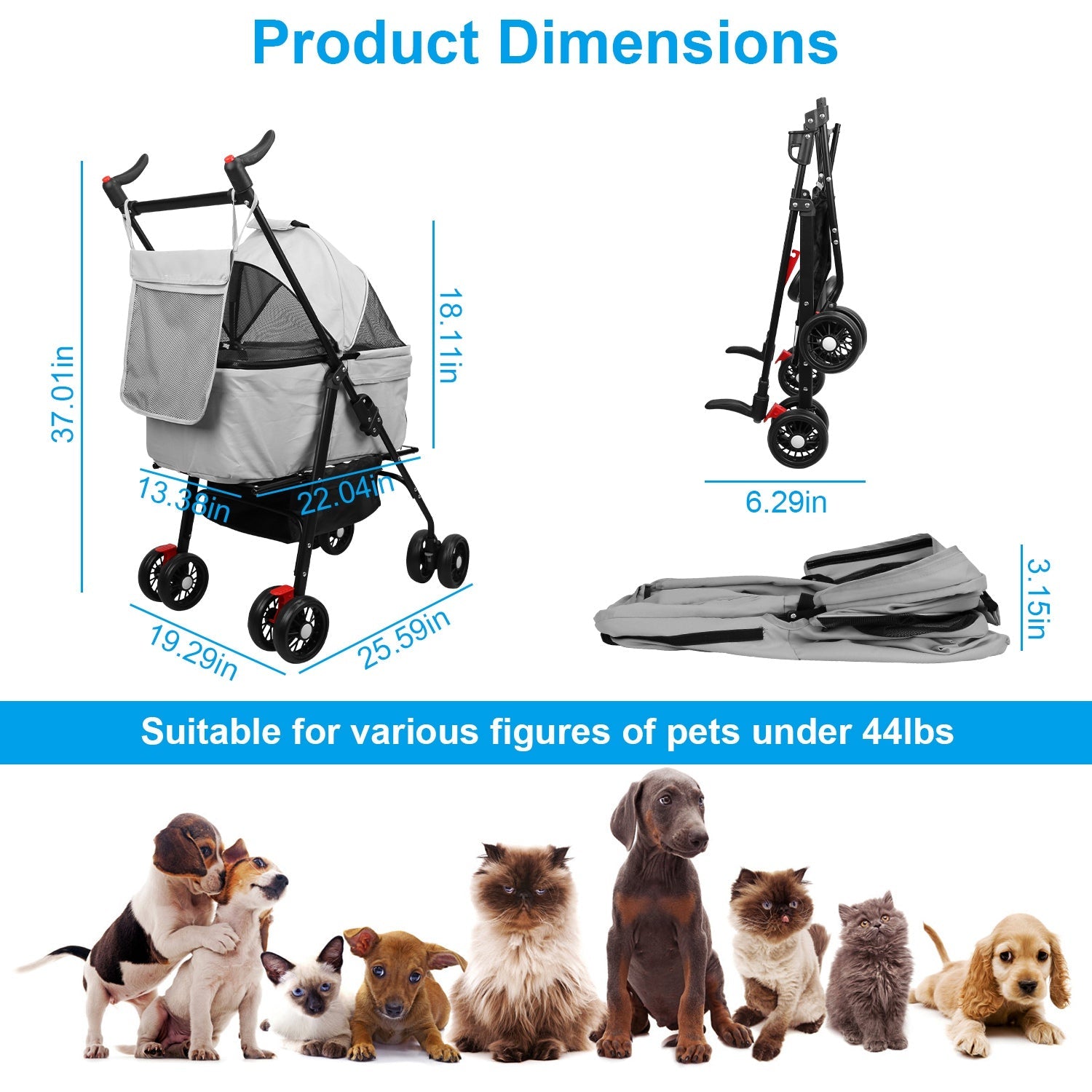 Poussette pour animaux à 4 roues pliable 1Pc Chariot de transport de voyage