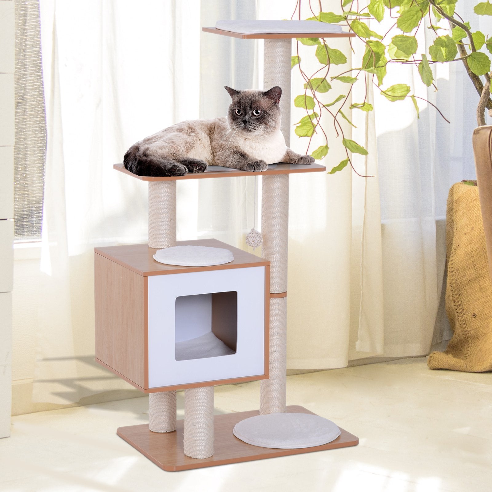 Arbre à chat en bois premium PawHut 120 cm avec griffoir et maison pour chaton