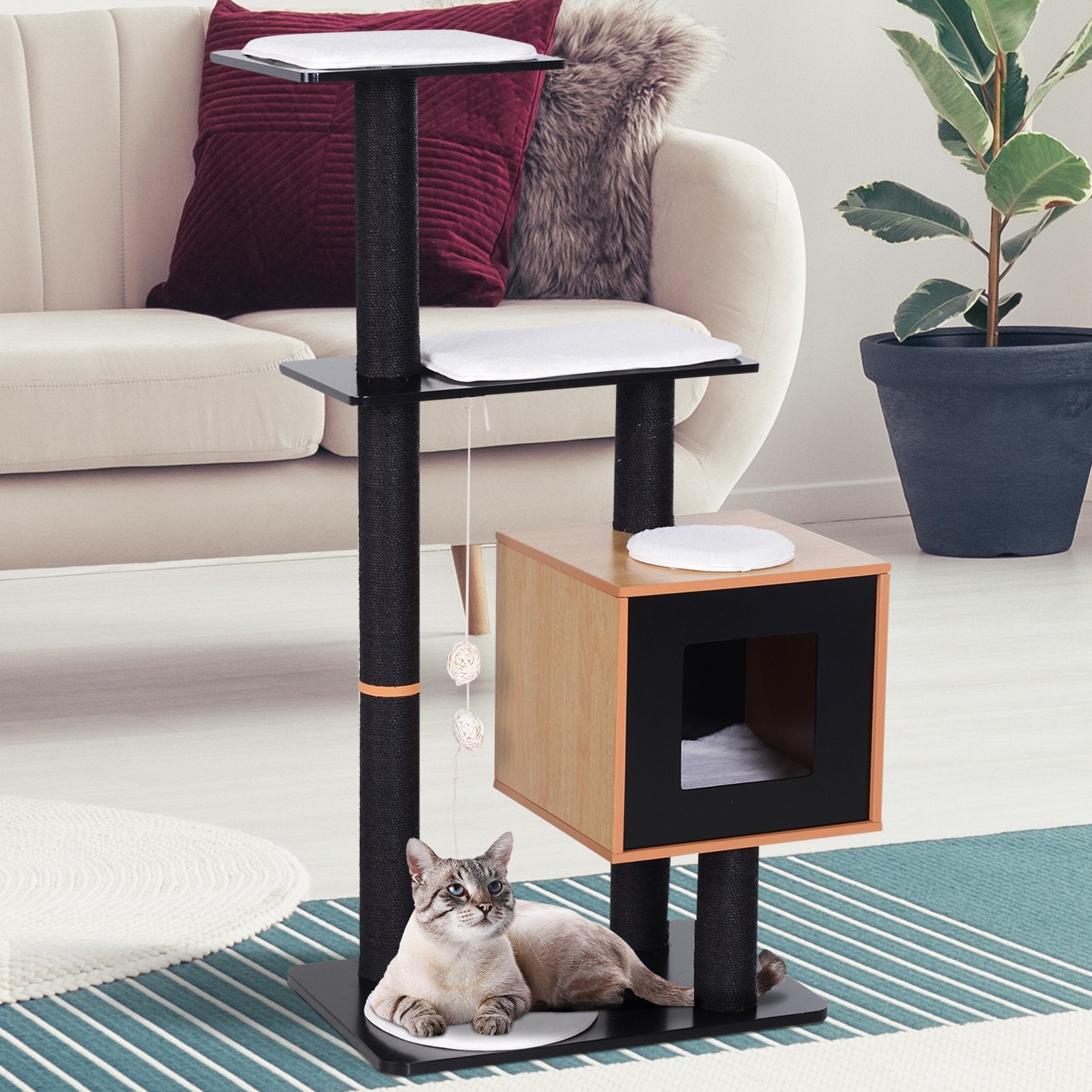 Arbre à chat PawHut avec condo, poteau à griffer en sisal et tapis lavable