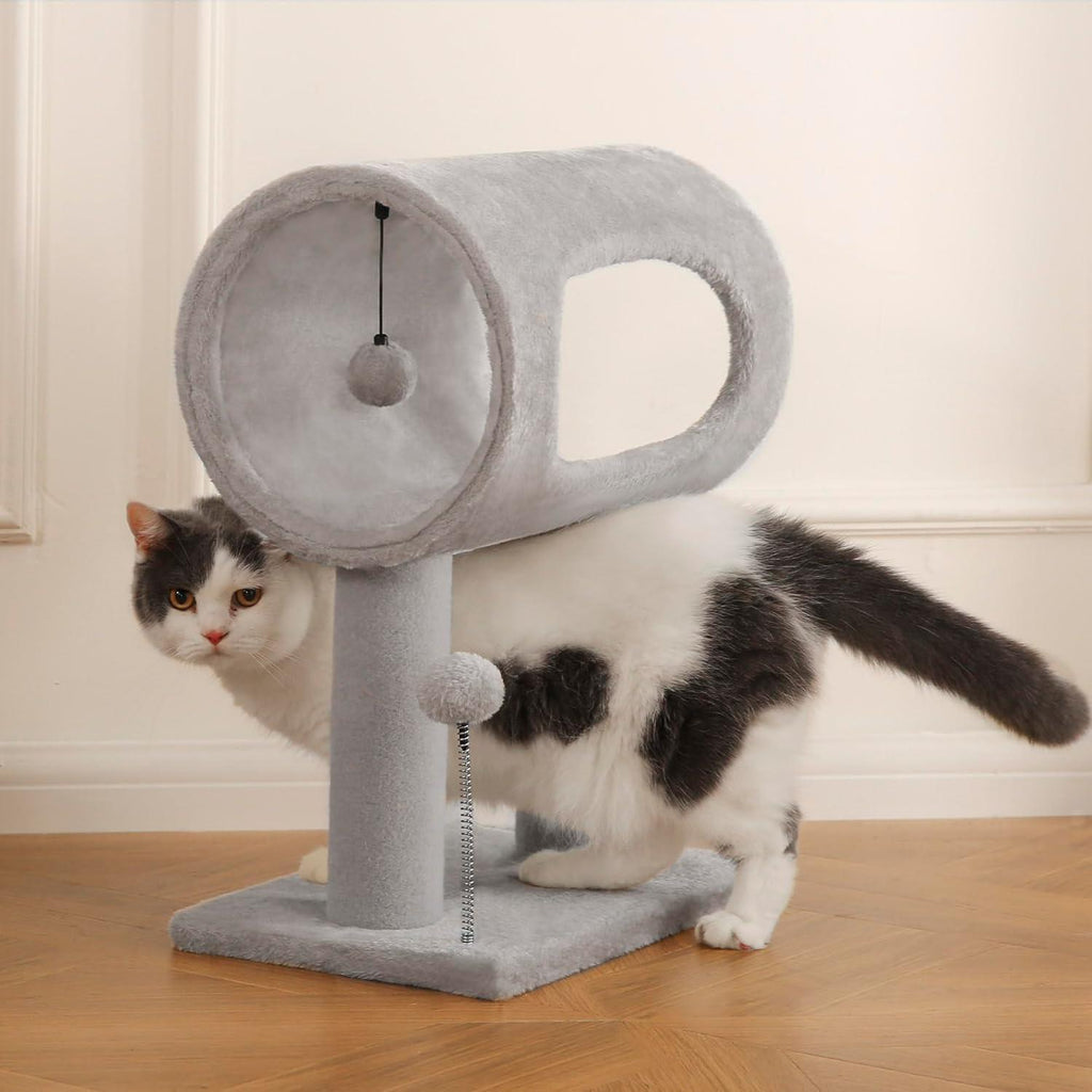 Arbre à chat intérieur gris avec tunnel et balle suspendue