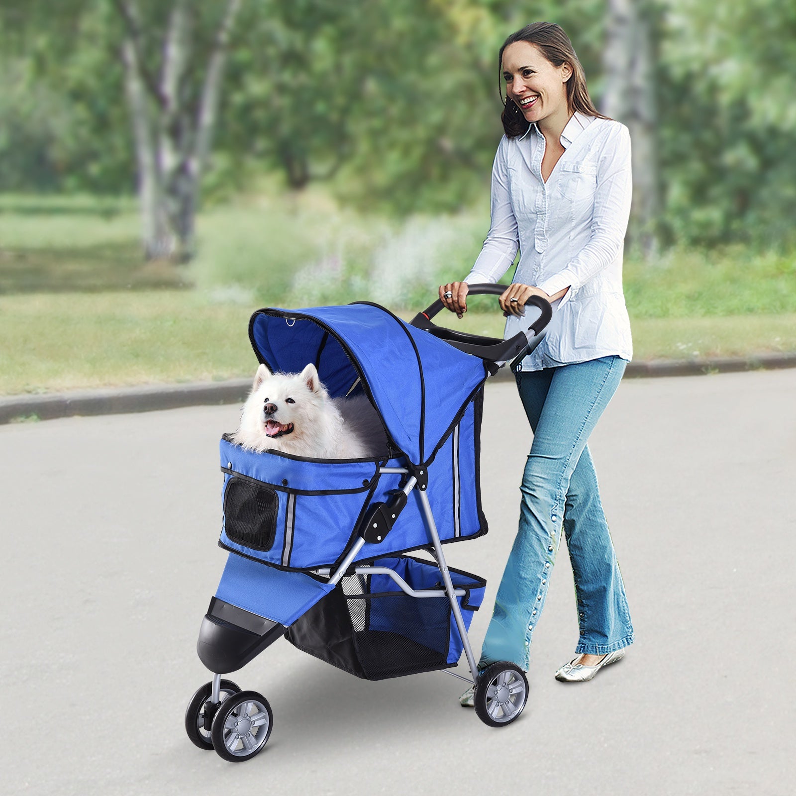 Porteur de voyage pour chien et chat PawHut 3 roues pliant bleu