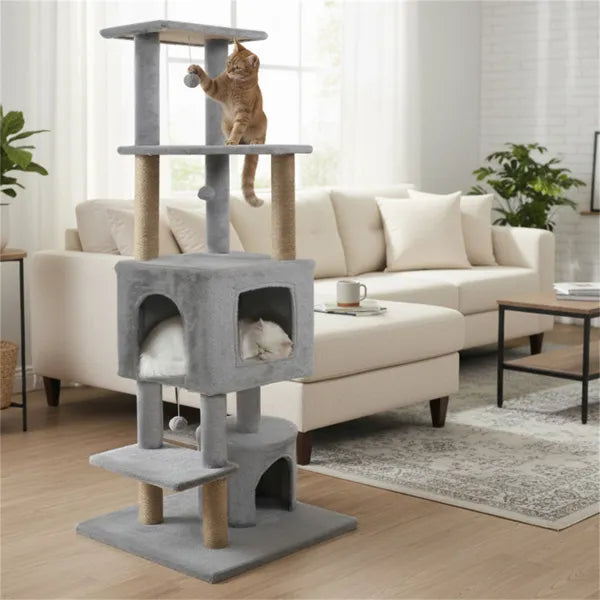 Tour à chat gris clair 164 cm : espace de jeu et repos idéal