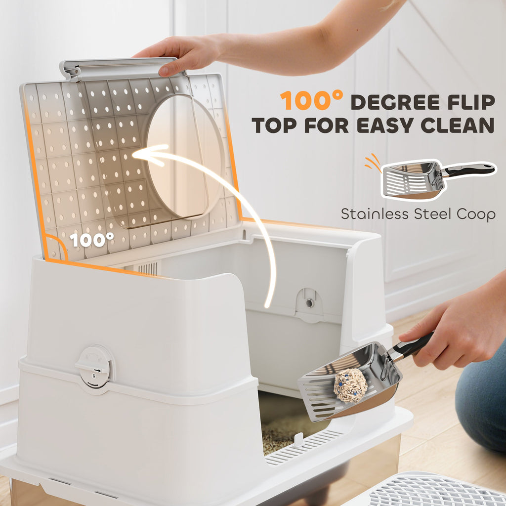 Litière en acier inoxydable XL avec couvercle à bascule à 100°, pelle, marchepied et dessus