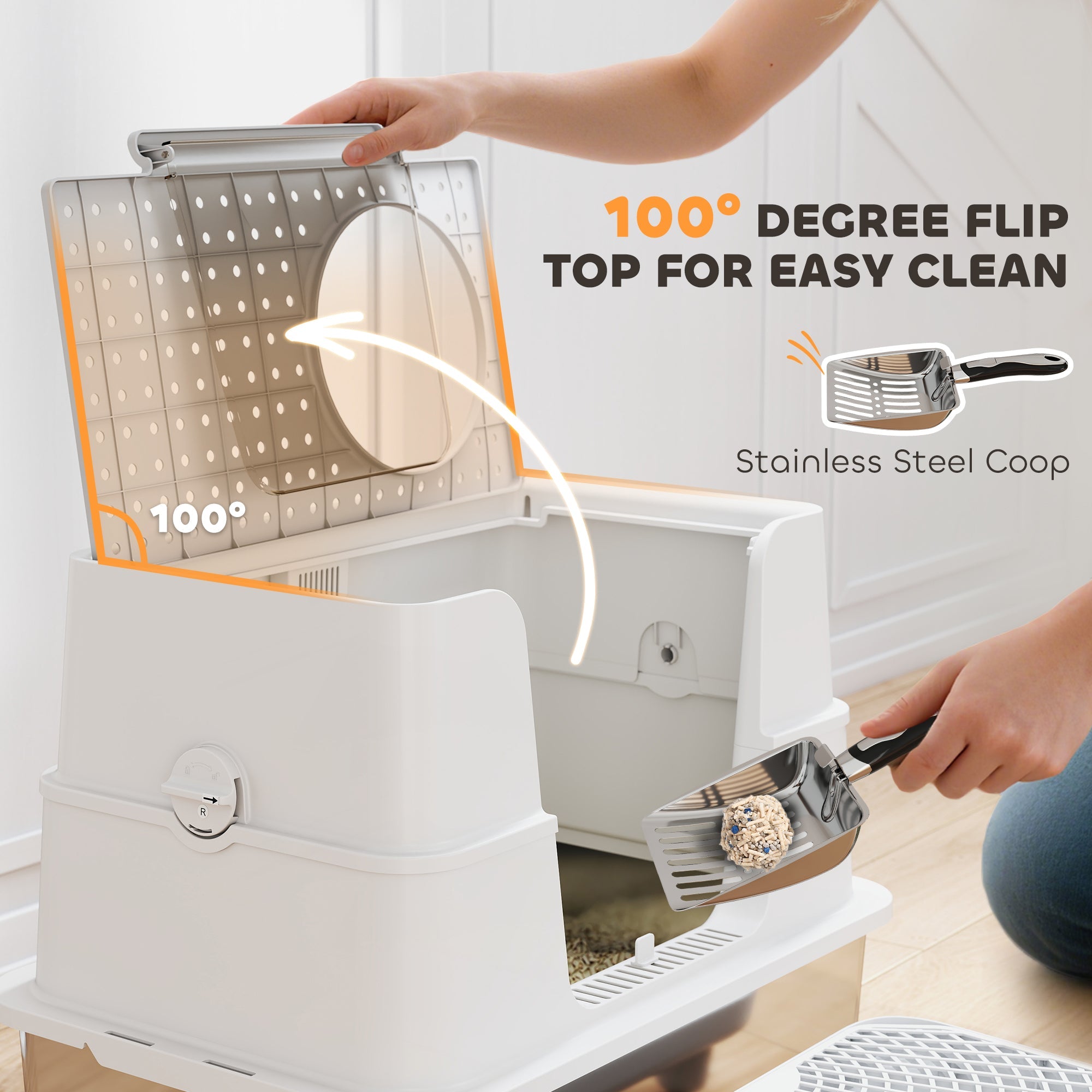 Litière en acier inoxydable XL avec couvercle à bascule à 100°, pelle, marchepied et dessus