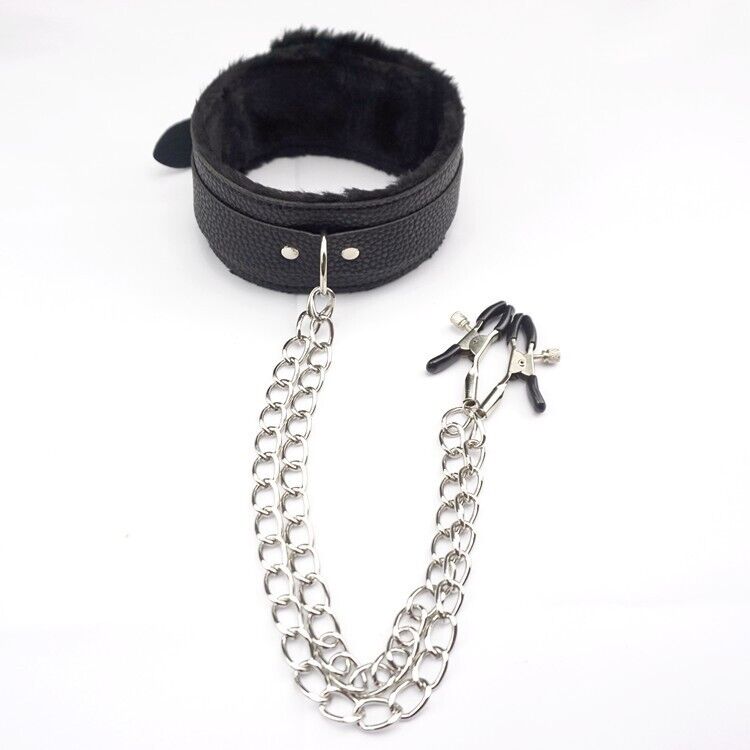 Collier en Cuir PU avec Pinces à Mamelles SM Jouets de Bondage