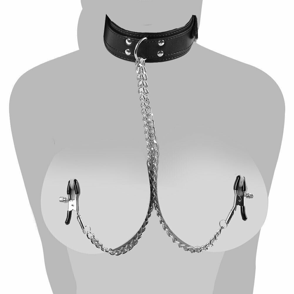 Collier en Cuir PU avec Pinces à Mamelles SM Jouets de Bondage