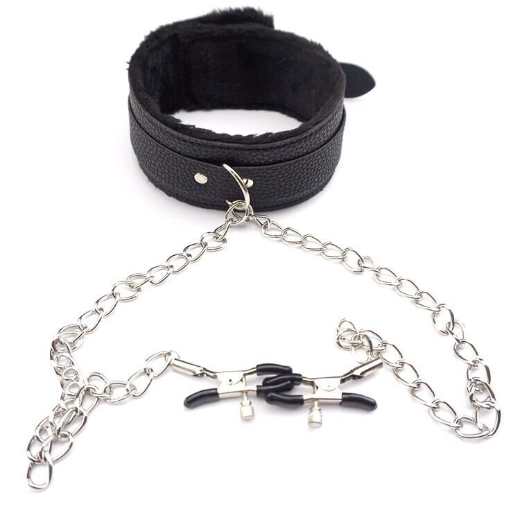 Collier en Cuir PU avec Pinces à Mamelles SM Jouets de Bondage