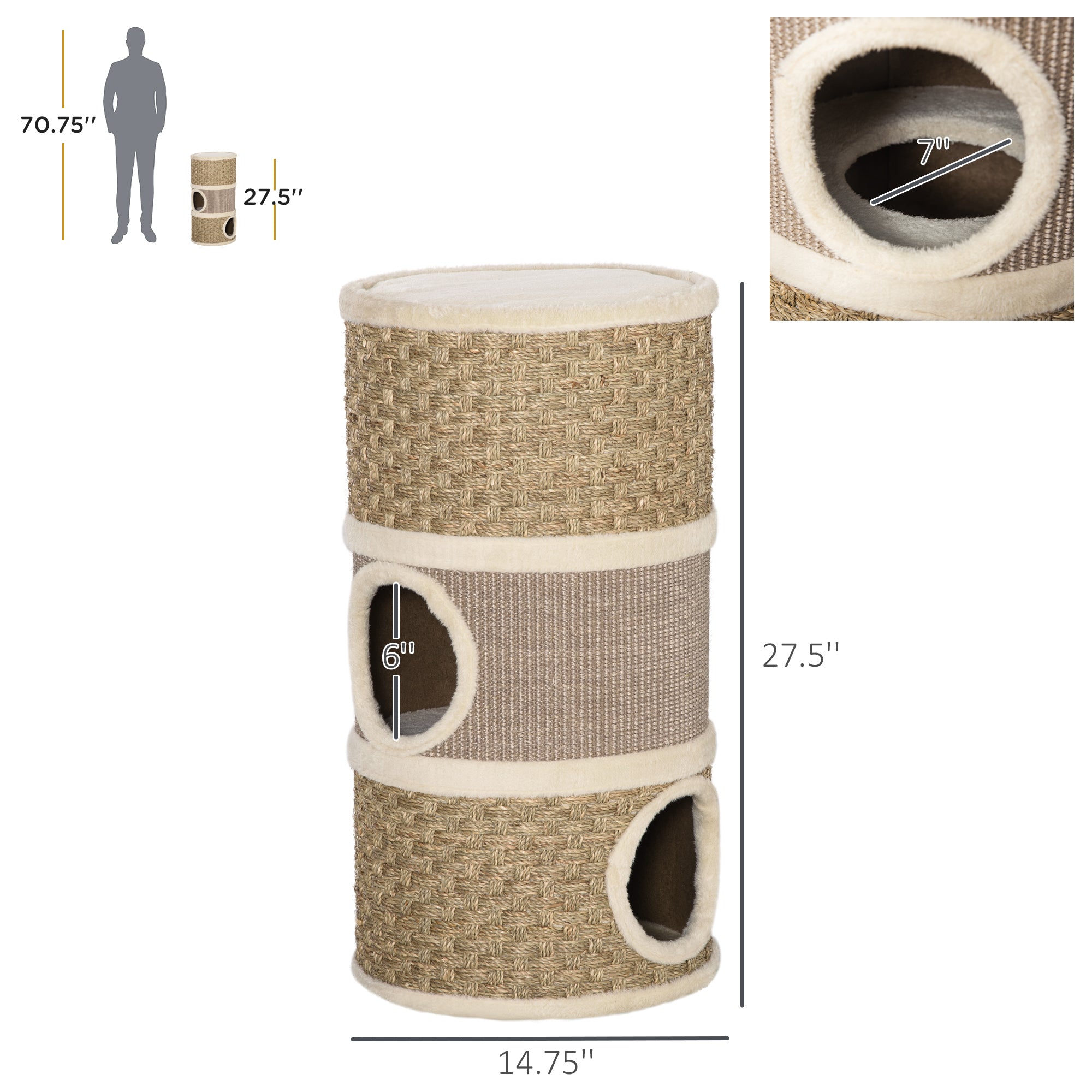 28 Inch Chat Condo, 3 Story Chat Hideaway avec Sisal Griffoir Pad