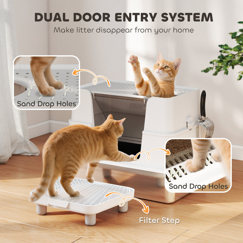 Litière en acier inoxydable XL avec couvercle à bascule à 100°, pelle, marchepied et dessus