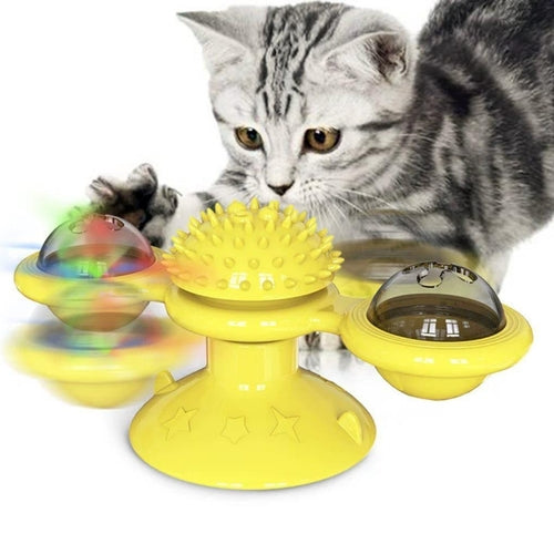 Jouet interactif en forme de moulin à vent pour chat avec lumière LED, balle et ventouse