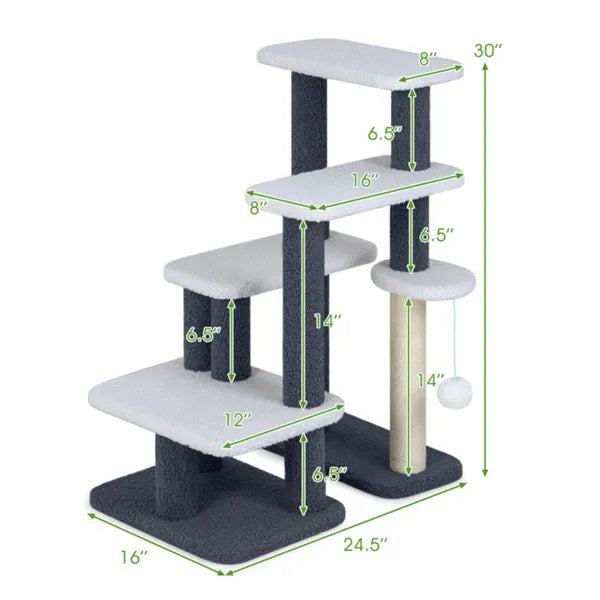 Escaliers pour Chats 2-en-1 et Arbre avec Griffoir en Sisal, 4 Niveaux