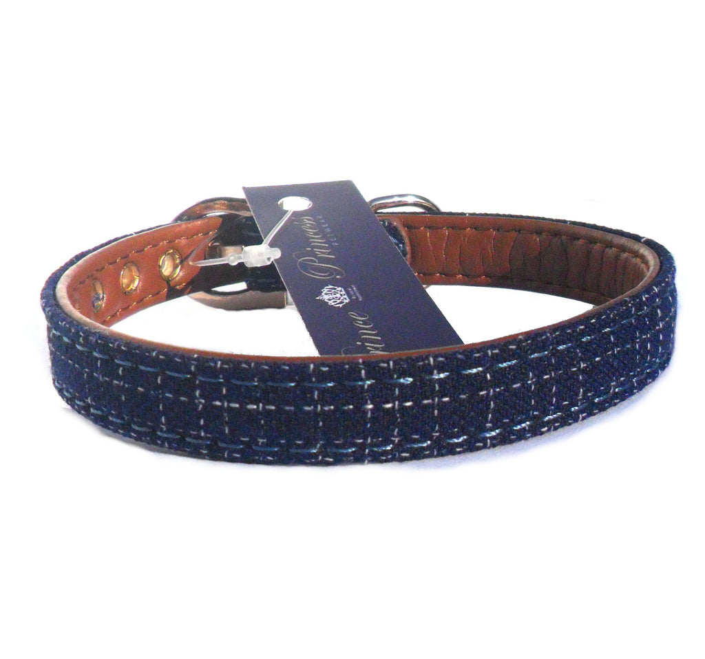 Collier en Tissu Bleu et Cuir Synthétique Marron