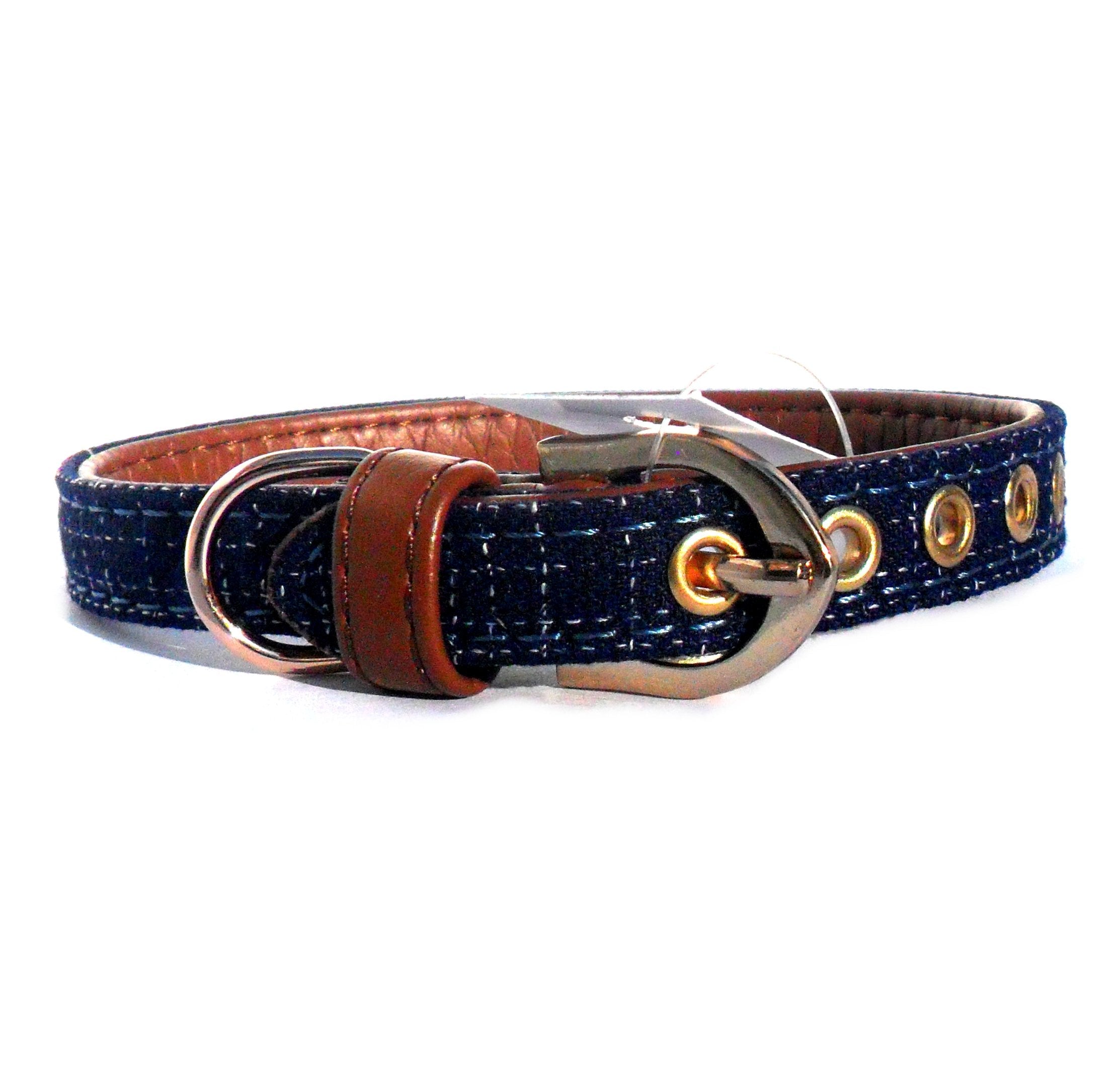Collier en Tissu Bleu et Cuir Synthétique Marron