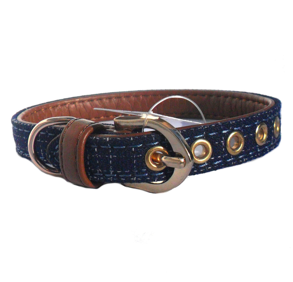 Collier en Tissu Bleu et Cuir Synthétique Marron