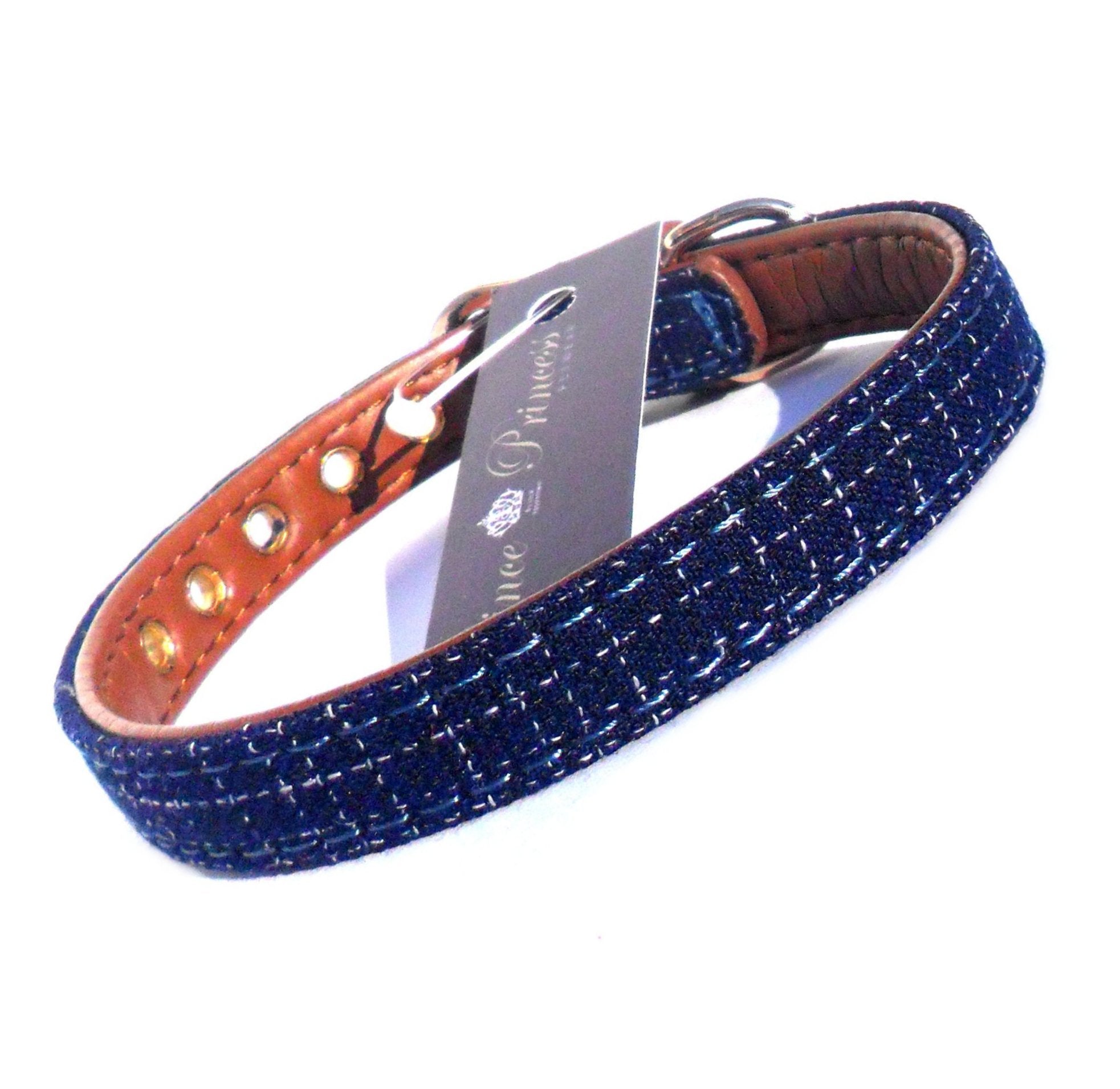 Collier en Tissu Bleu et Cuir Synthétique Marron