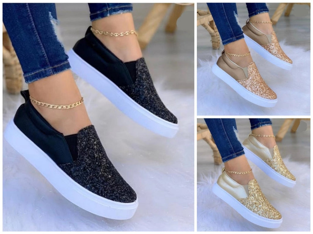 Mocassins à paillettes plats pour femmes Noir/Rose Doré/Noir/Doré
