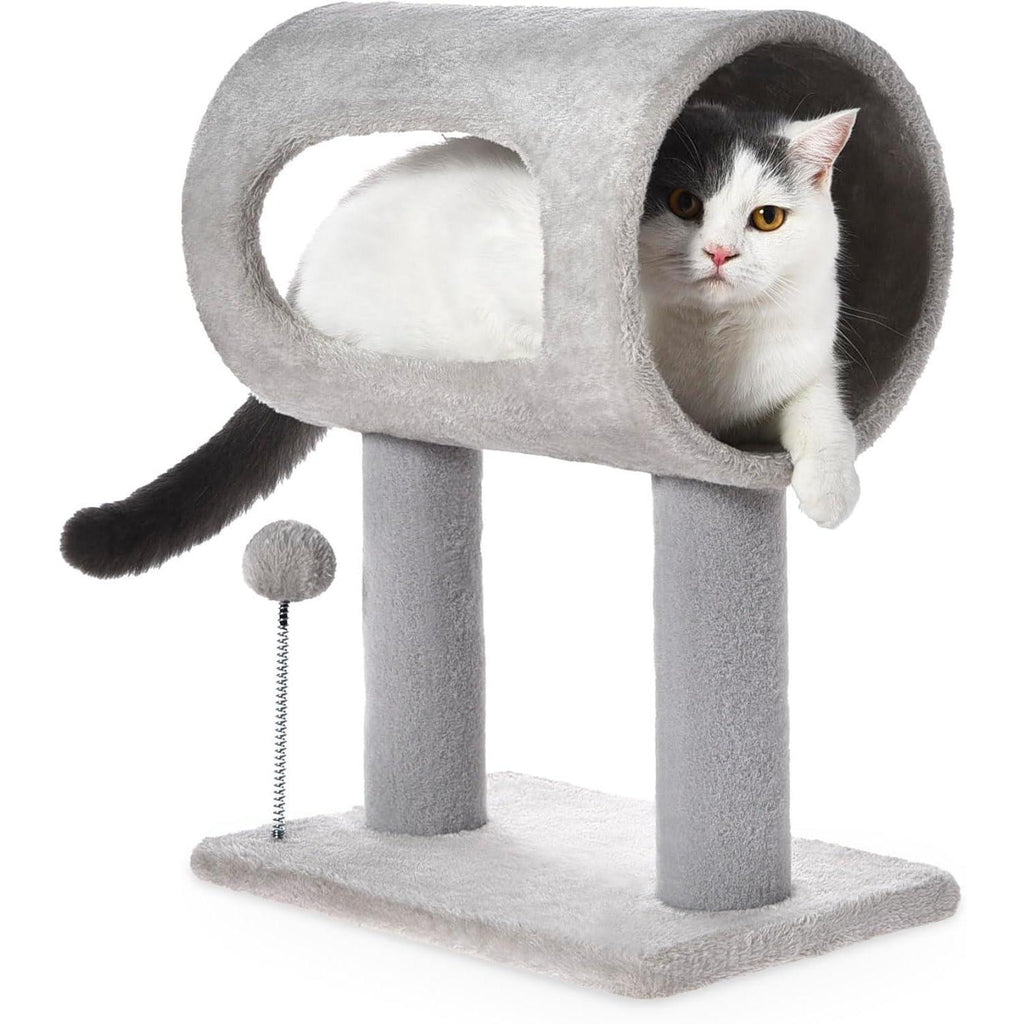 Arbre à chat intérieur gris avec tunnel et balle suspendue