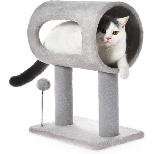 Arbre à chat intérieur gris avec balle suspendue et tunnel lit 20,5 cm