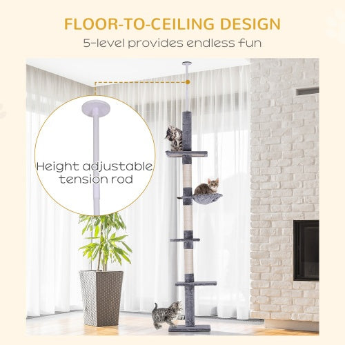 9 Foot Réglable Height Floor To Ceiling Vertical Chat Arbre - Grey And