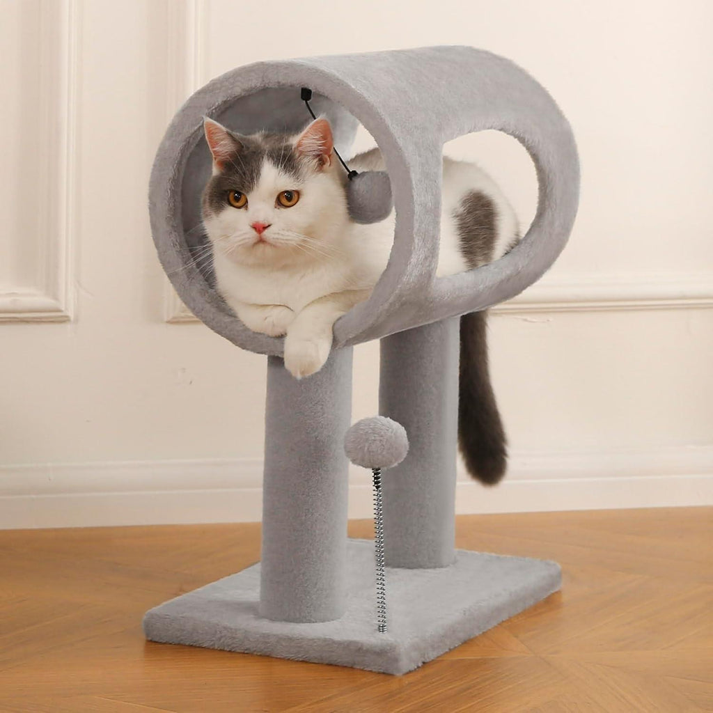 Arbre à chat intérieur gris avec tunnel et balle suspendue