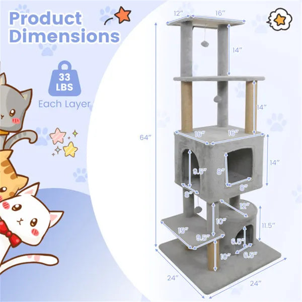 Tour à chat gris clair 164 cm : espace de jeu et repos idéal