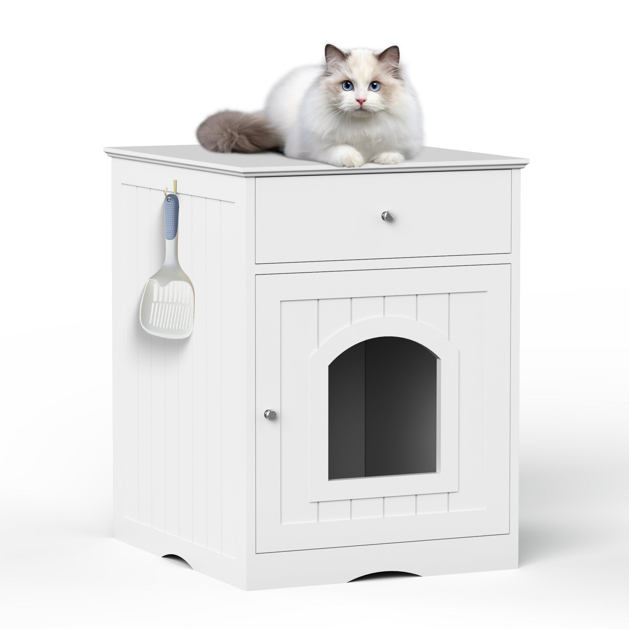 Maison en bois pour animaux, enclos pour litière de chat avec tiroir et table d'appoint.