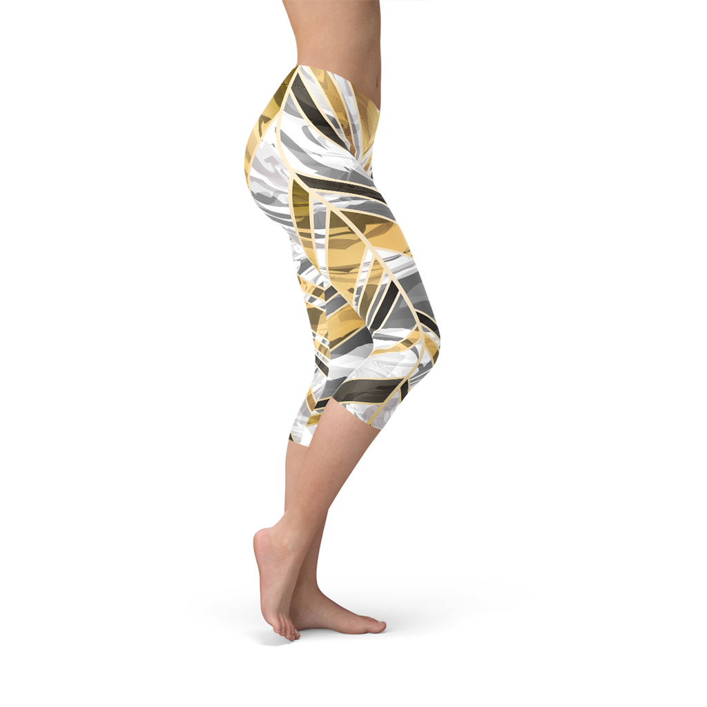 Leggings Capri Marbre Blanc avec Lignes Dorées Noires