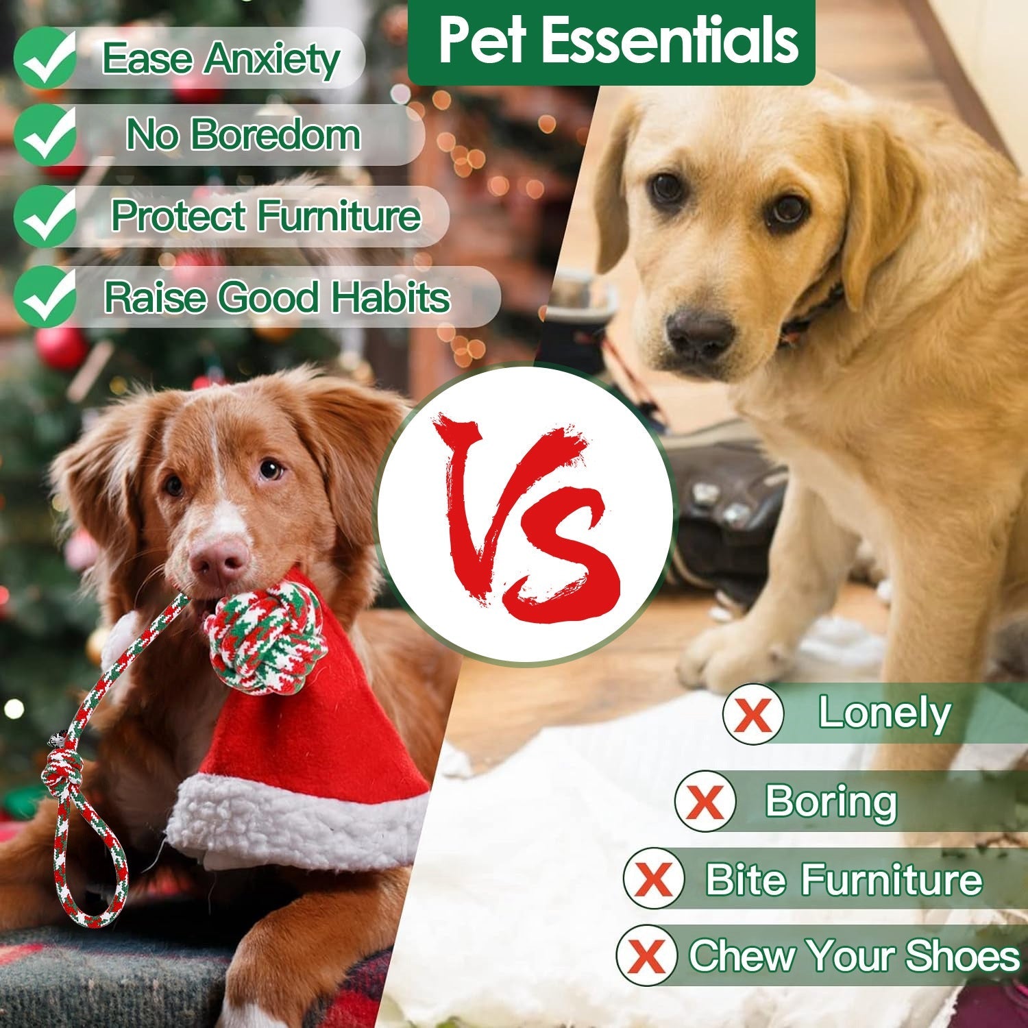 Ensemble de 5 jouets à mâcher en corde de Noël pour chiens