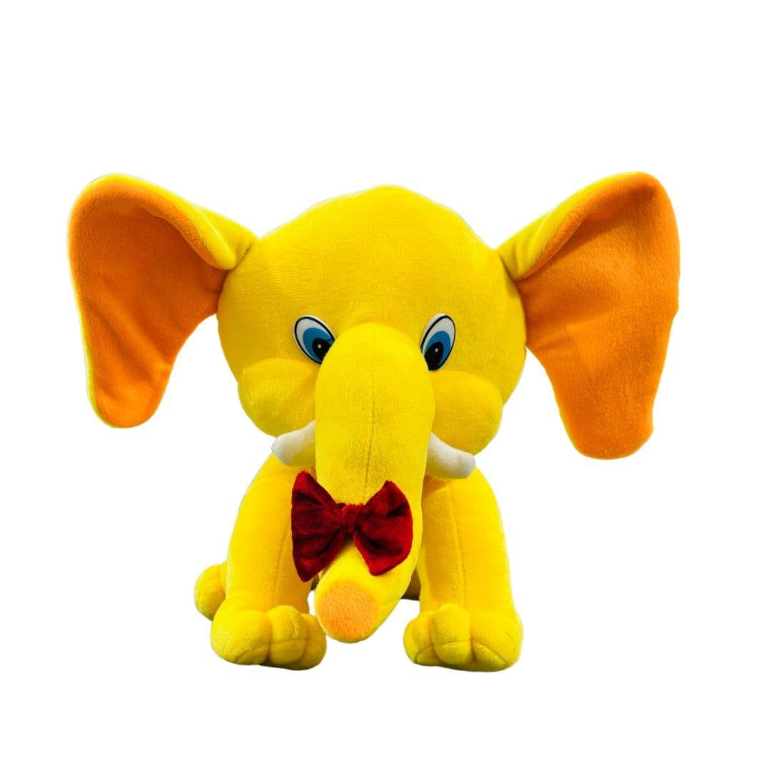 Éléphant en peluche assis avec nœud papillon jaune 30 cm