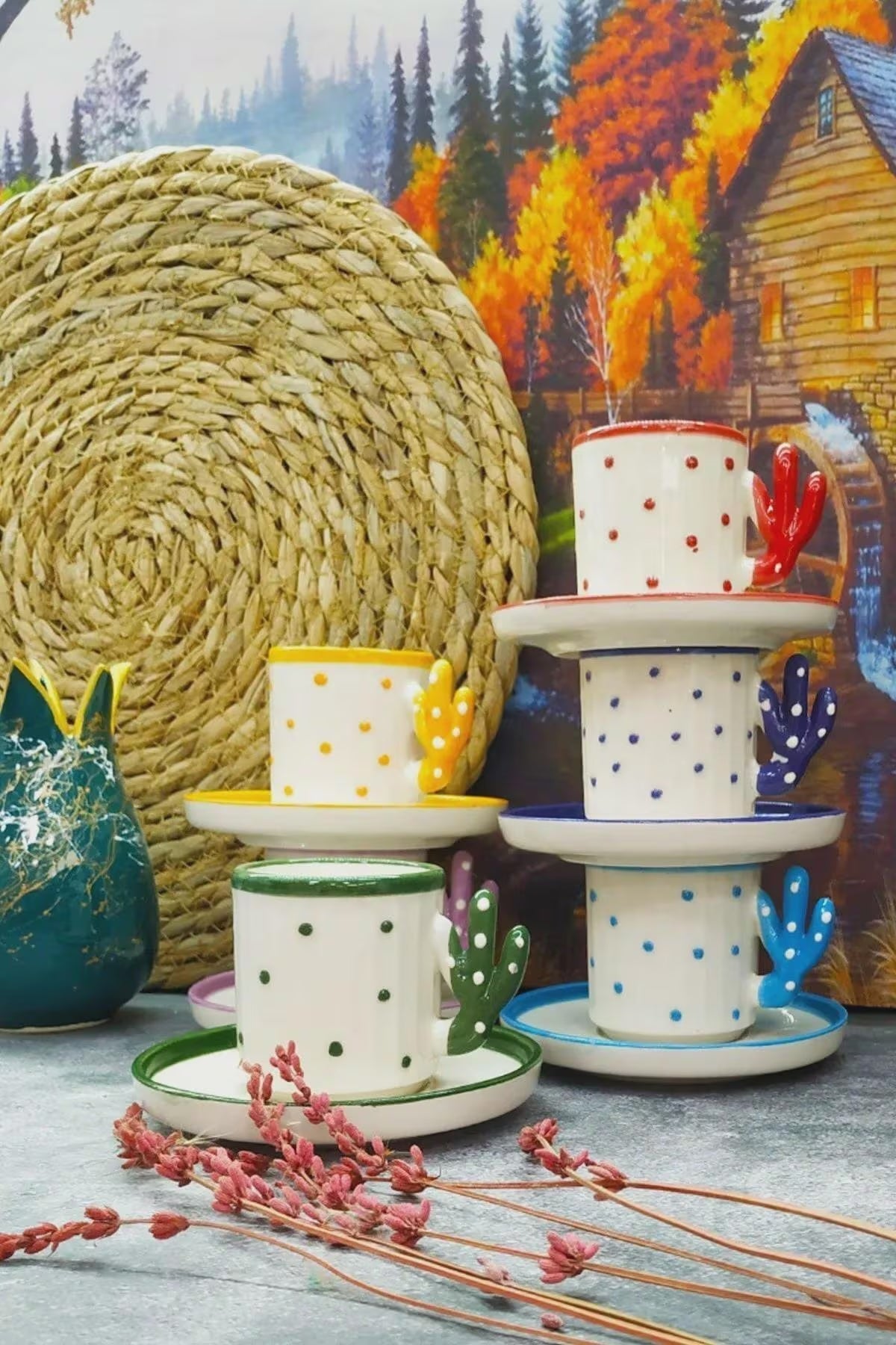 Handmade Cactus Turkish Coffee Cup Ensemble pour 6 avec Boho Cactus Turkish