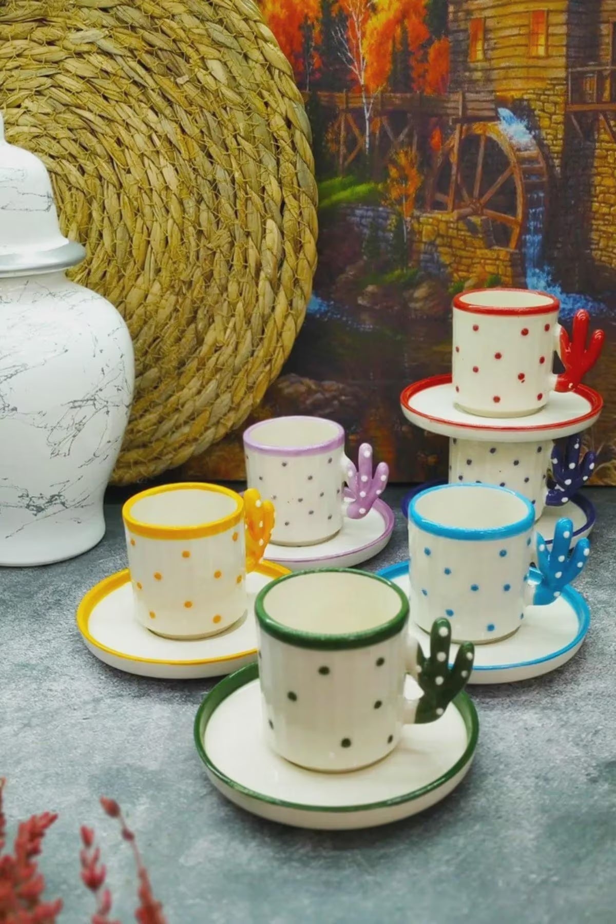 Handmade Cactus Turkish Coffee Cup Ensemble pour 6 avec Boho Cactus Turkish