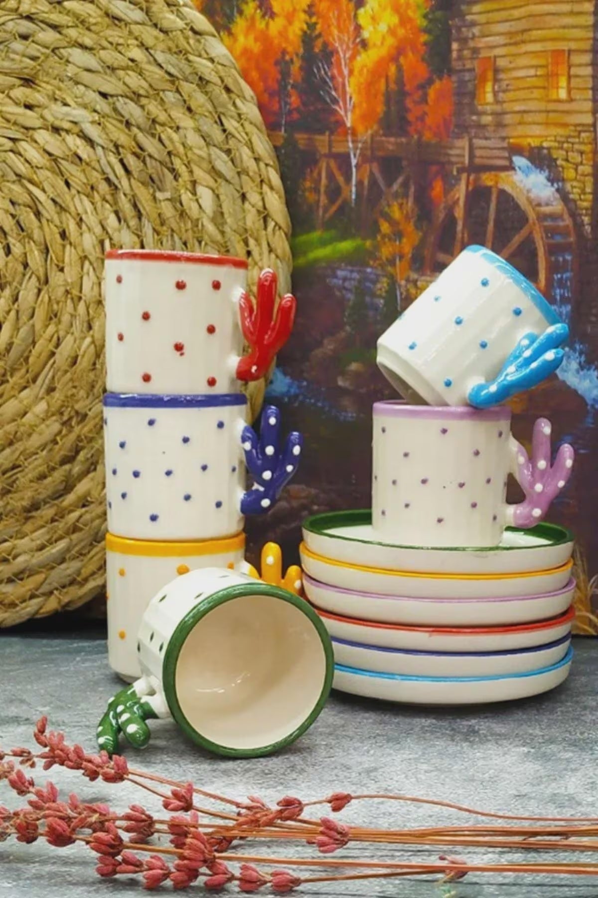 Handmade Cactus Turkish Coffee Cup Ensemble pour 6 avec Boho Cactus Turkish