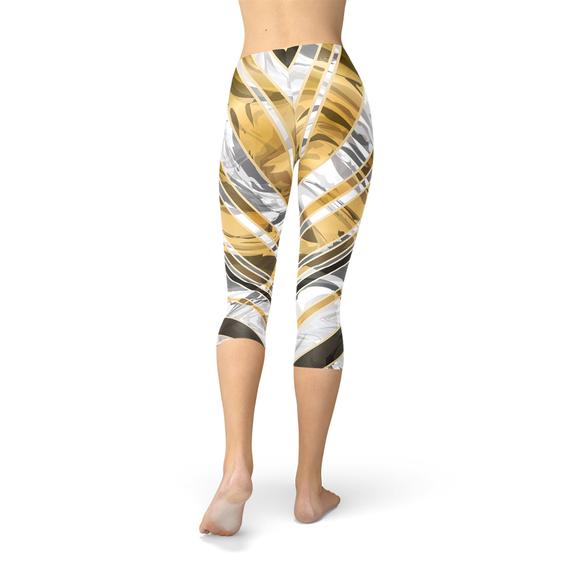 Leggings Capri Marbre Blanc avec Lignes Dorées Noires