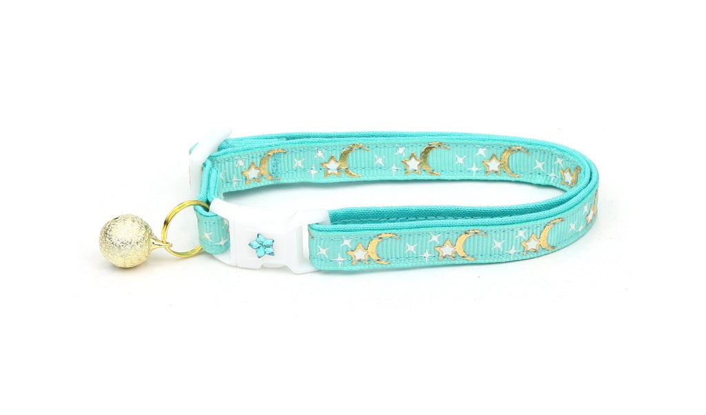 Collier Chat Or Lunes et Étoiles sur Aqua