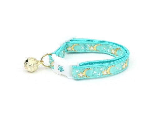 Collier Chat Or Lunes et Étoiles sur Aqua