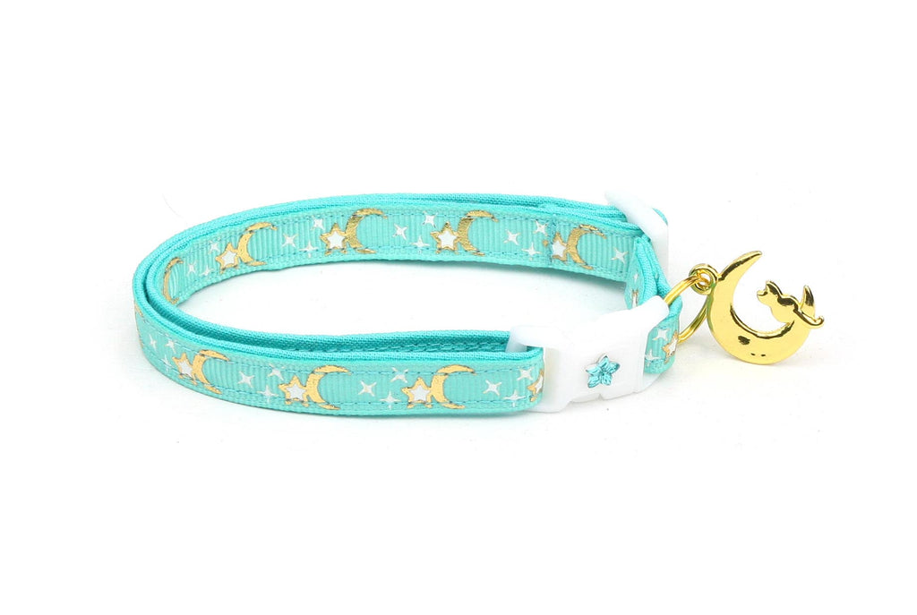 Collier Chat Or Lunes et Étoiles sur Aqua