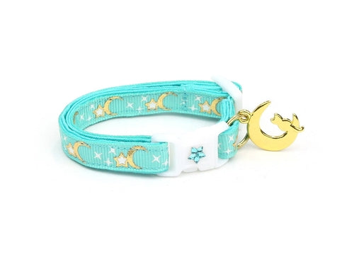 Collier Chat Or Lunes et Étoiles sur Aqua