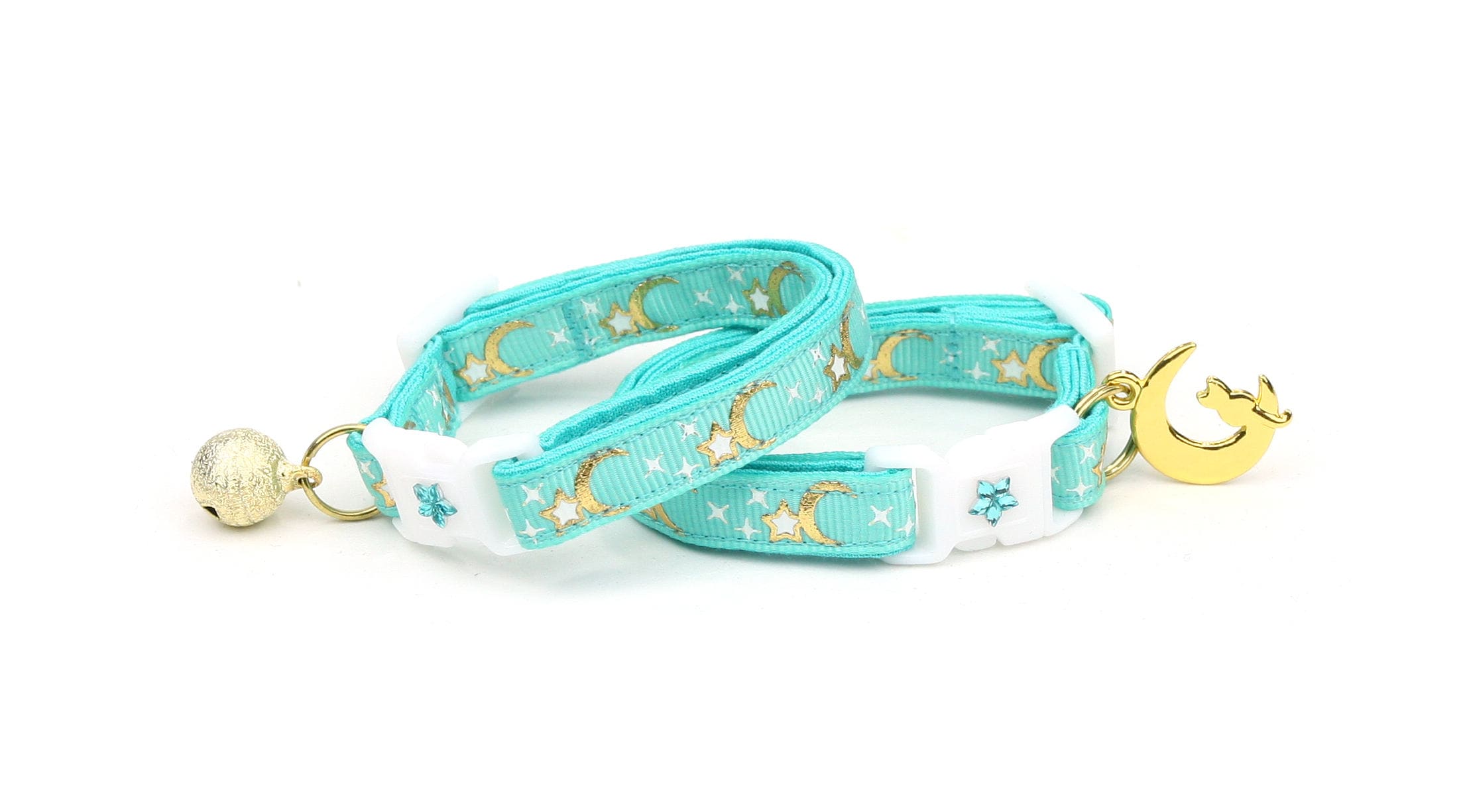 Collier Chat Or Lunes et Étoiles sur Aqua