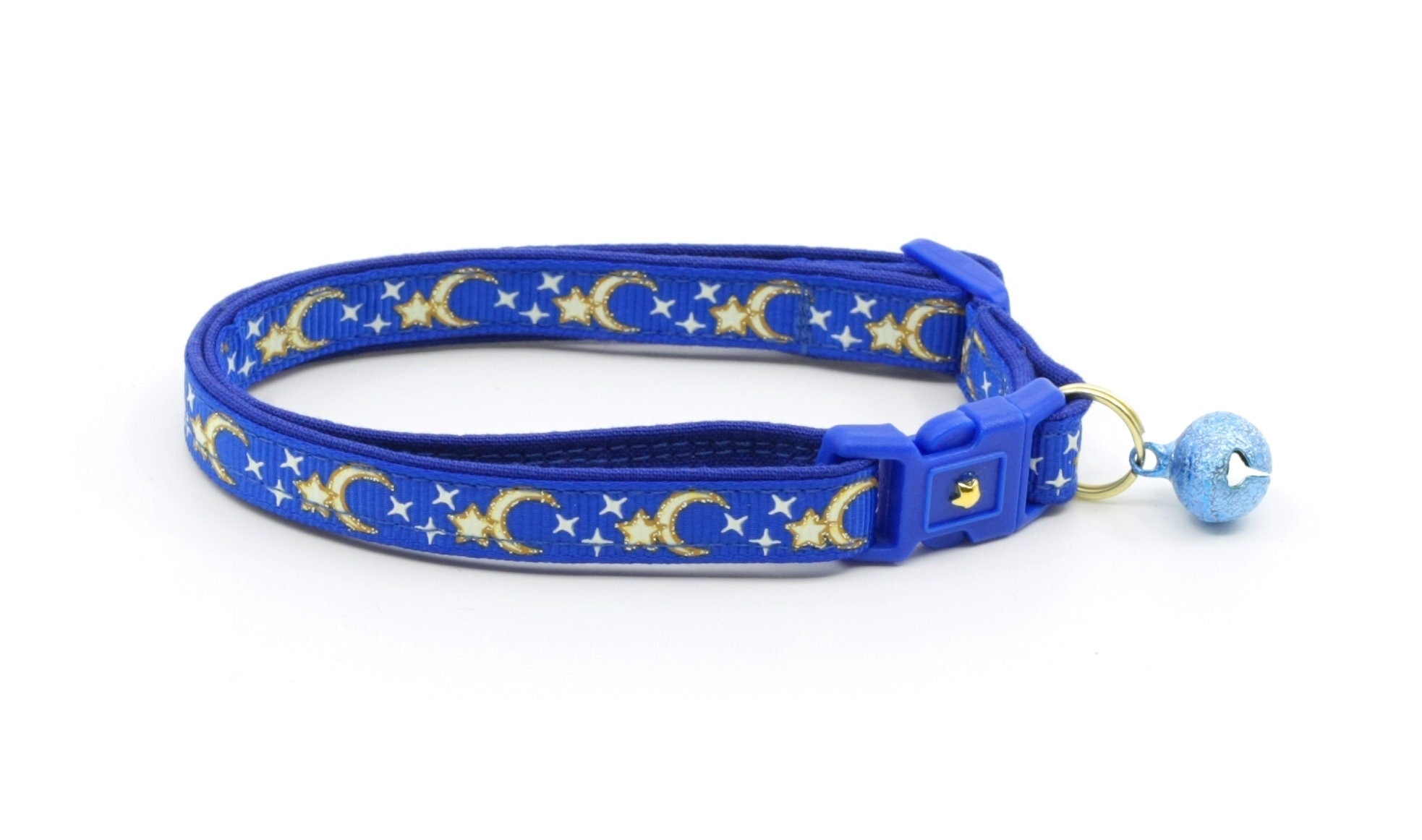 Lunes et Étoiles Dorées sur Collier de Chat Bleu Royal