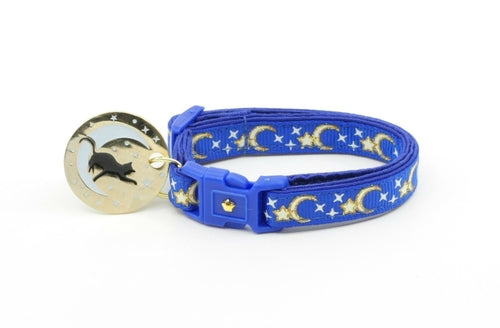 Lunes et Étoiles Dorées sur Collier de Chat Bleu Royal