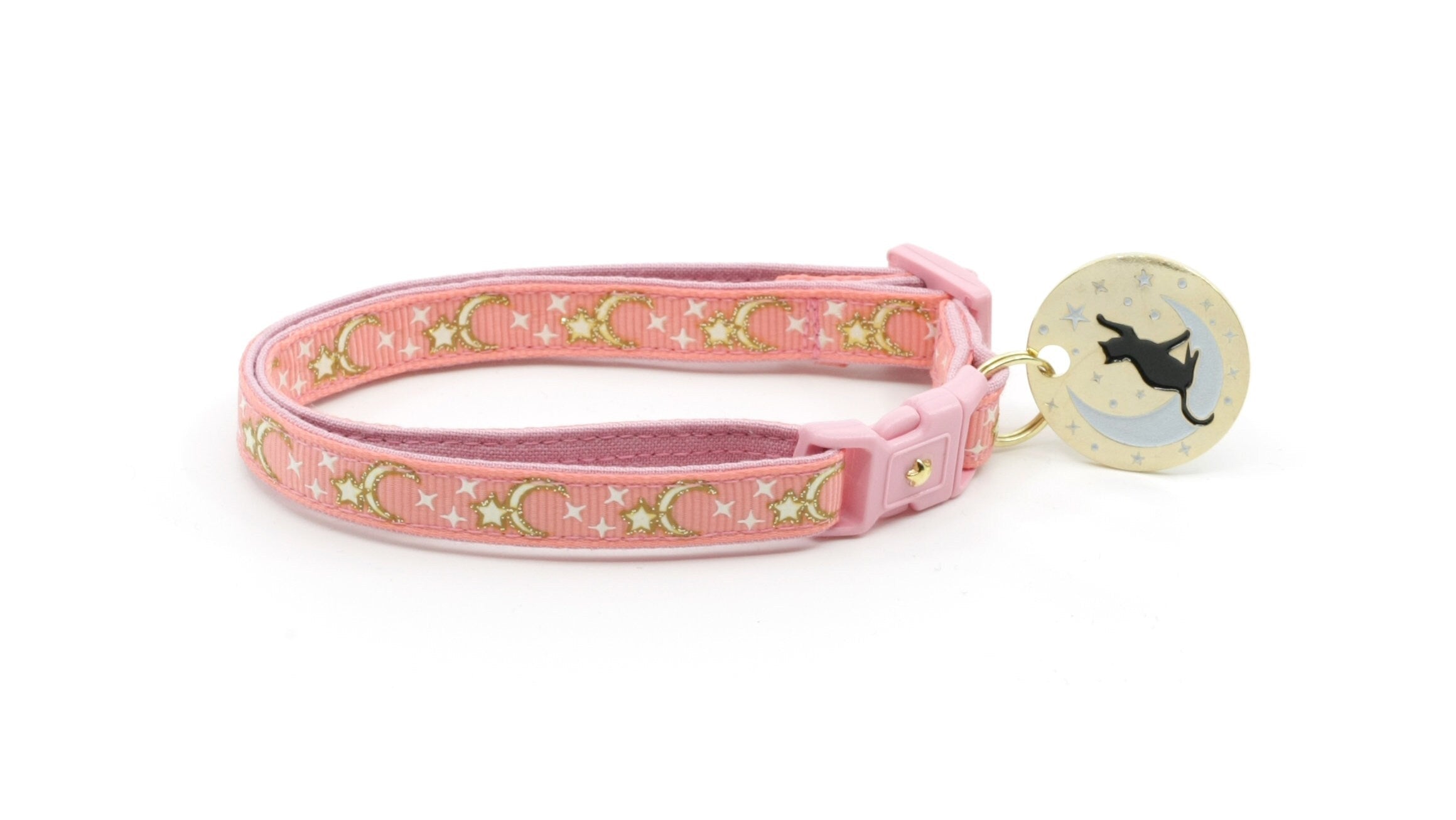 Collier Chat Coral Rose avec Lunes et Étoiles Dorées