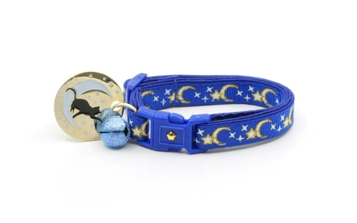 Lunes et Étoiles Dorées sur Collier de Chat Bleu Royal