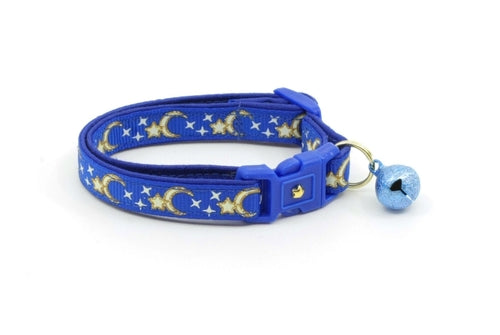 Lunes et Étoiles Dorées sur Collier de Chat Bleu Royal