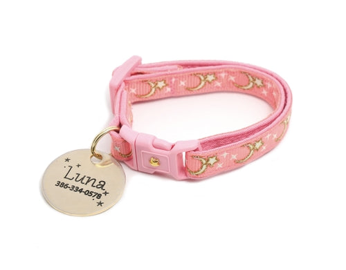 Collier Chat Coral Rose avec Lunes et Étoiles Dorées